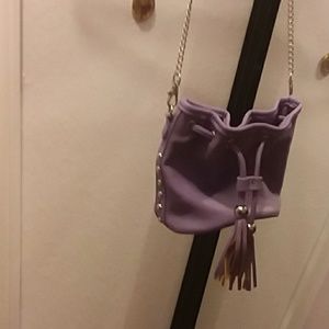 Small purple purse with long silver chain